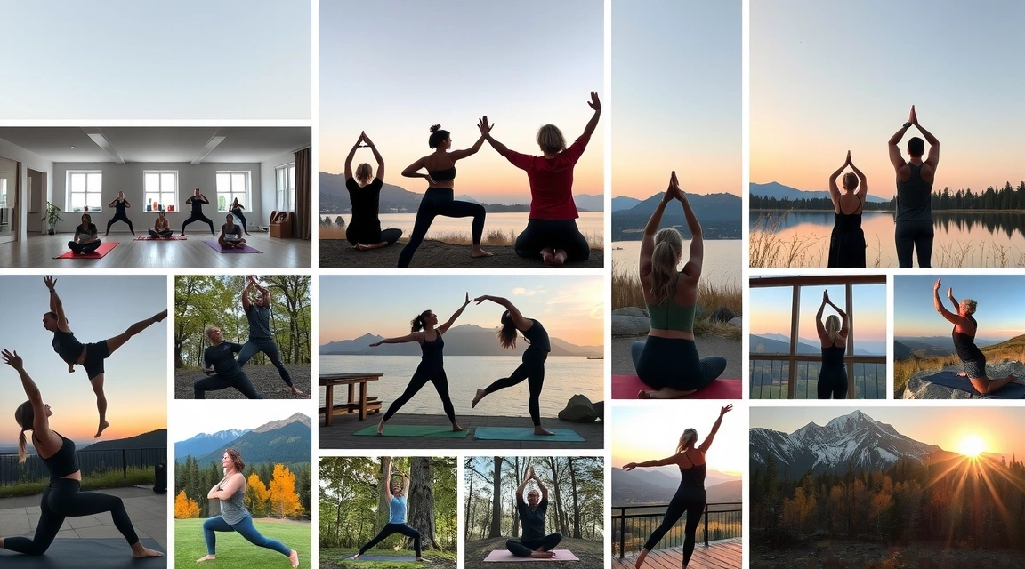 A collage of diverse people practicing yoga in a serene studio and outdoors, showcasing community and peace