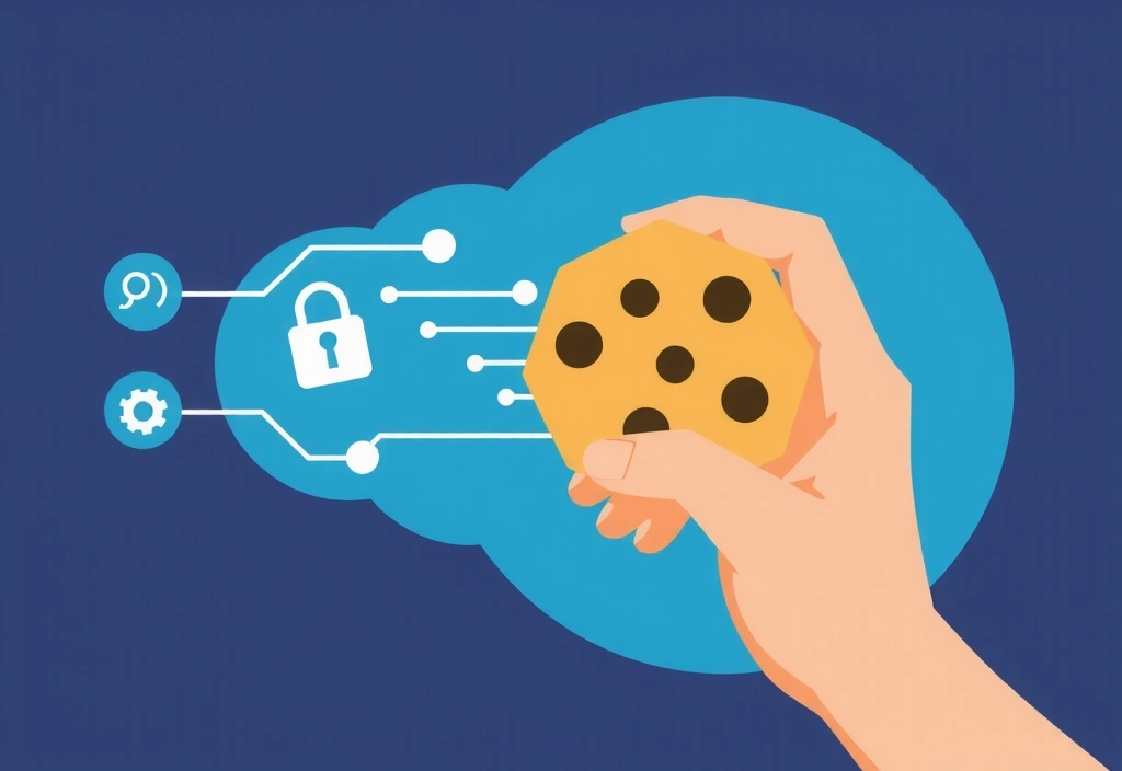 Illustration of a hand holding a cookie with digital data flowing around it, representing website cookies and data privacy