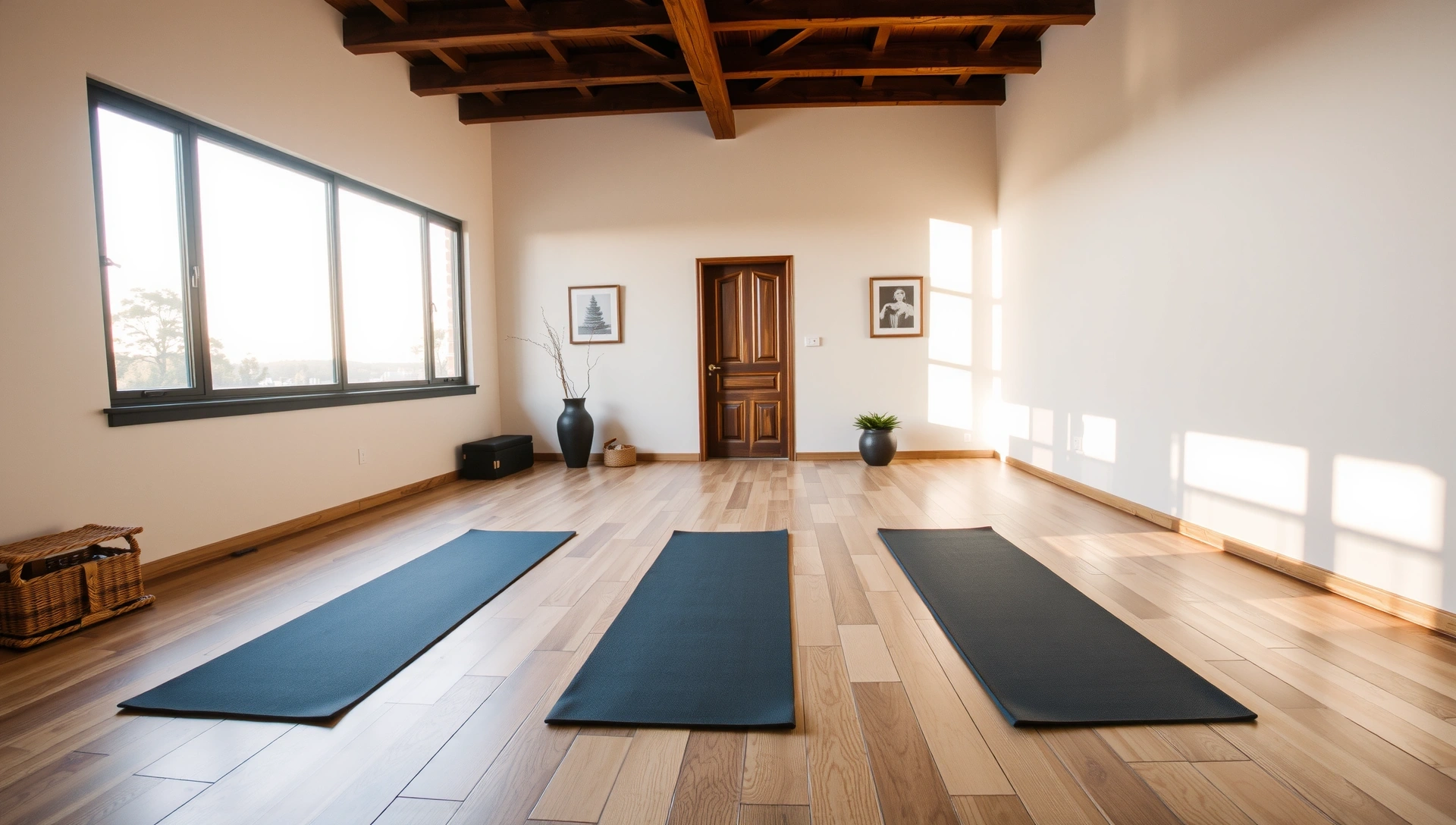 Serene yoga studio with natural light