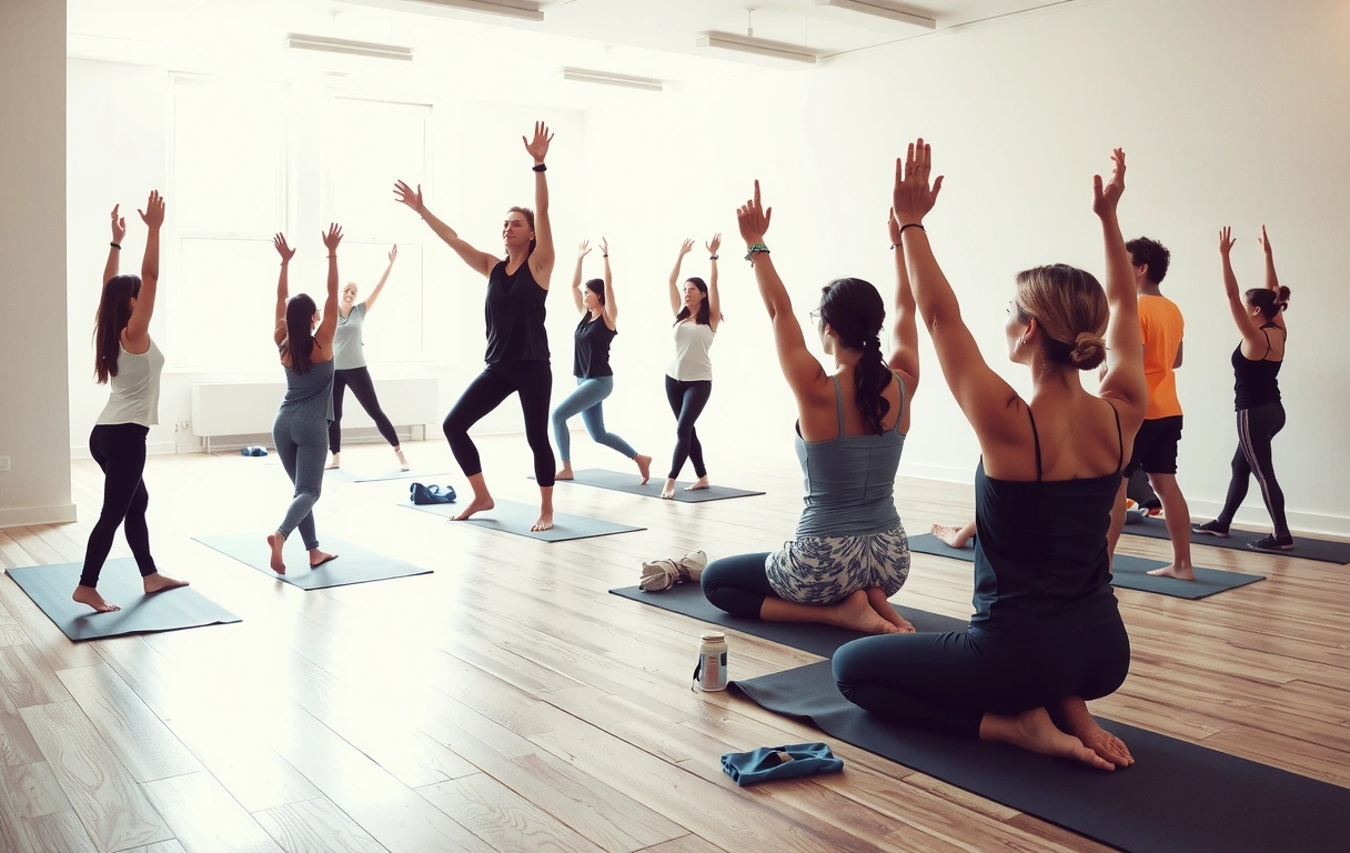 Yoga instructor guiding a class in a bright studio