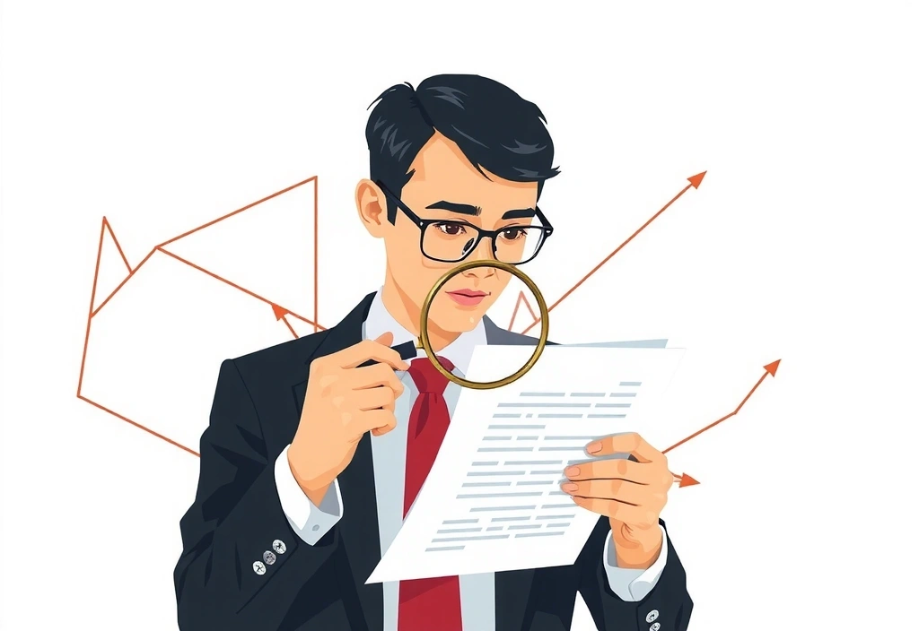 Illustration of a person reading a document with a magnifying glass, symbolizing data review