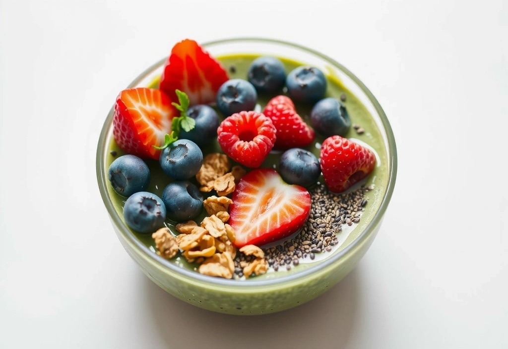 A vibrant, healthy green smoothie bowl with fresh berries and seeds, symbolizing natural well-being.